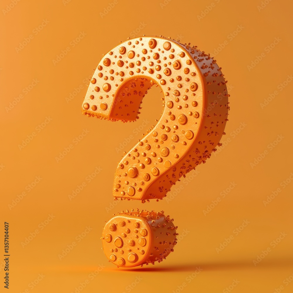 Poster 3d render of a textured orange question mark against a pale orange background. the question mark is 