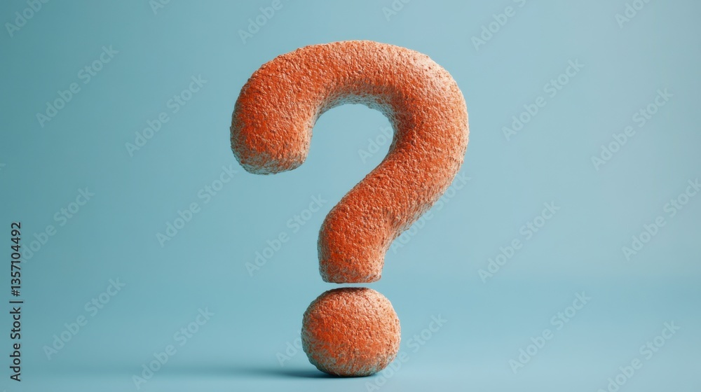Poster a textured, orange question mark against a light blue background. the question mark is three dimensi
