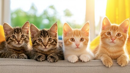 Four adorable kittens on a couch, sunny window, home interior