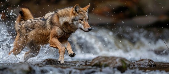 Fototapeta premium Wolf Running Through Fast-Moving Stream