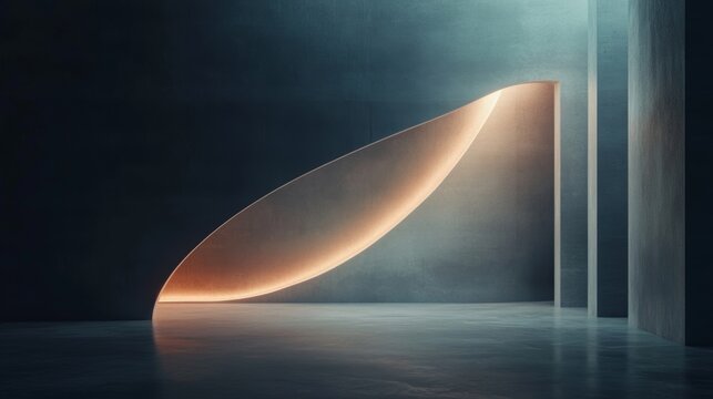 an abstract architectural design featuring a curved, illuminated element against a backdrop of dark concrete walls. This modern composition evokes a sense of mystery and artistic expression