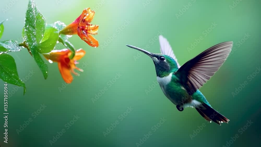 Poster a hummingbird hovering in mid-air, its wings flapping rapidly as it feeds on nectar