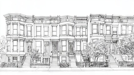 Obraz premium A sketch of city street row houses in winter highlights architectural design elements
