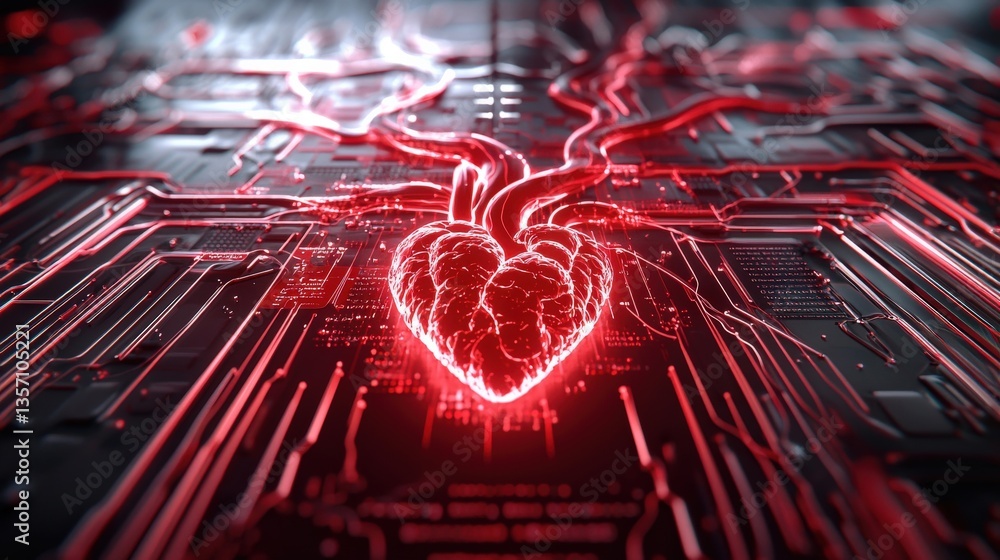 Poster glowing heart on abstract circuit board background with red glow