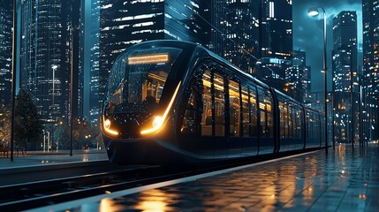 City lights illuminate a futuristic train in a night urban environment, showcasing modern transportation technology