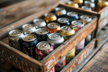 Assorted craft beer cans displayed on a rustic wooden crate, artistic shot