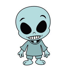 Funny cartoon alien. Creepy cute alien. Smiling kind alien with a big head in a shirt. Print for T-shirt, hoodie, etc