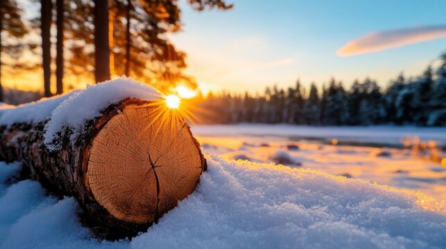 Winter Sunrise over Snowy Log, Forest River Background.  Possible Use Nature calendar or desktop wallpaper