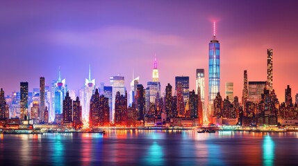 Obraz premium The city's beautiful skyline, featuring illuminated buildings, is reflected in the water at dusk, creating a vibrant scene