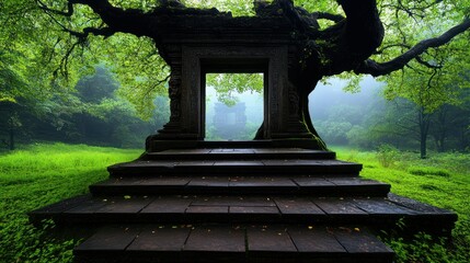 Ancient stone steps leading to a mystical doorway framed by a large tree in a misty forest