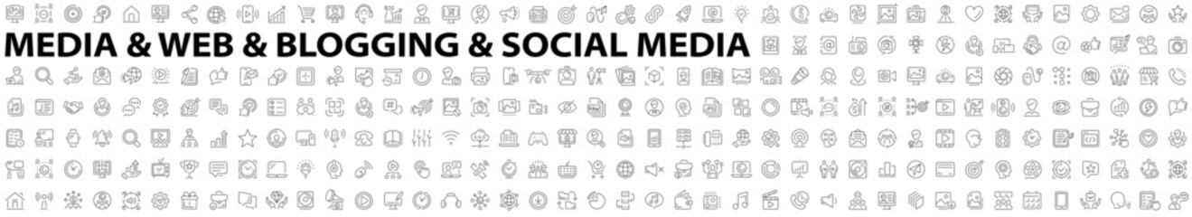 Media and Web Big icon set. Social Media icons. Blogging icons. Data analytics, Management, Message, Website, Blog, Content, Business marketing, Social network and more. Vector illustration.
