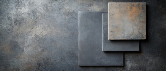 a metallic texture background, square and rectangular plates arranged in a visually pleasing composition, set against a textured backdrop