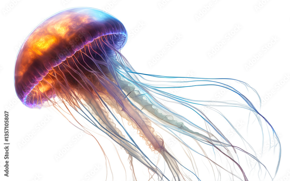 Poster neon jellyfish-like alien floating with bioluminescent tendrils, isolated on a empty plain backgroun