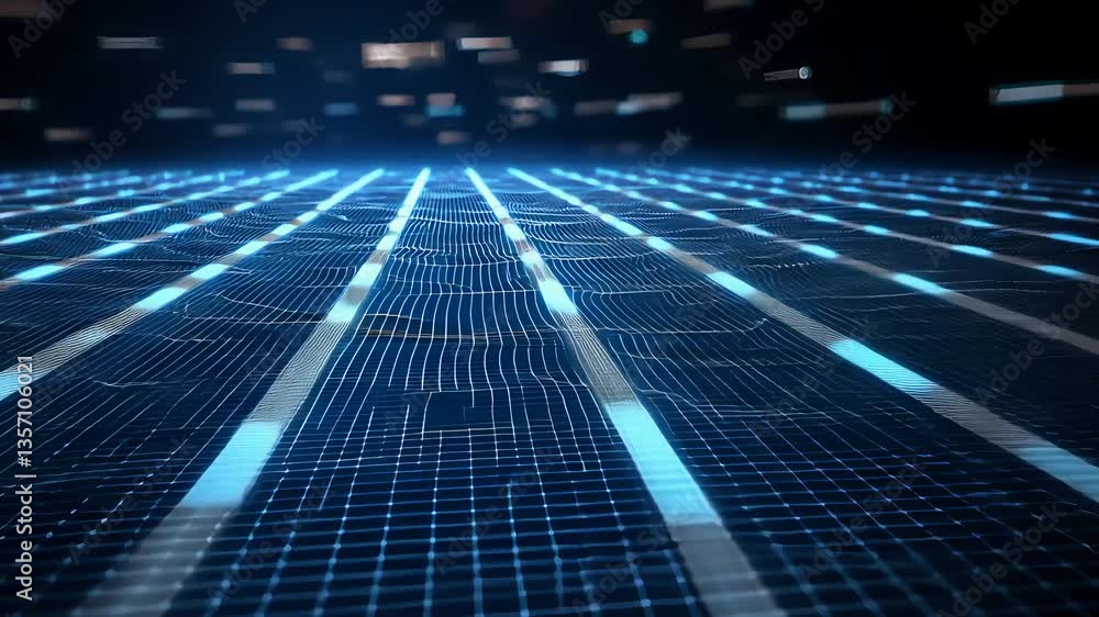 Poster futuristic digital grid with neon lights and data flow on dark background
