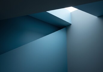 Geometric Abstraction: A study in minimalist architecture, capturing the interplay of light and shadow across clean, angular planes and monochromatic blue hues.