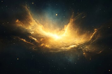 Fototapeta premium an artist's rendition of a stunning cosmic nebula, radiant with golden light against a backdrop of space and stars