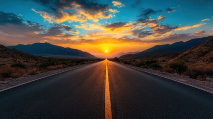 Empty Desert Road Sunset Mountain Landscape