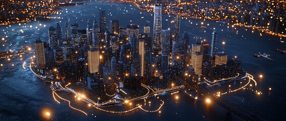 Obraz premium View of a city from the air at night with lights that are blurry