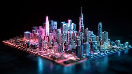 Naklejka premium Futuristic architecture is showcased through an illuminated city model in a night display of urban planning