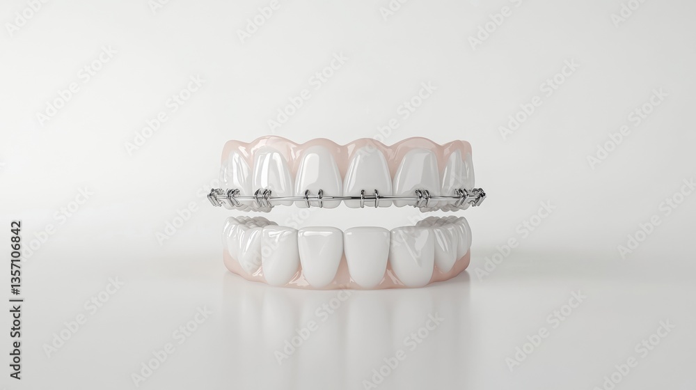 Poster close-up of a perfect smile highlighting braces on a white background with smooth dental aesthetics 