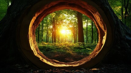 Forest Sunlight Through Hollow Tree Trunk