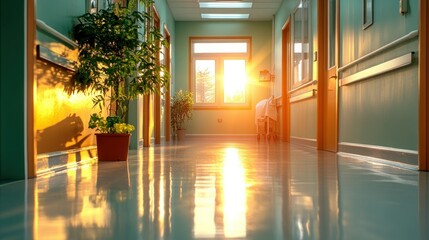 Hospital corridor bathed in golden sunlight