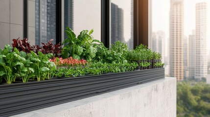 Climate resilience sustainability and risk, A vibrant urban balcony garden features various herbs and vegetables, contrasting with a city skyline in the background, promoting sustainable living.
