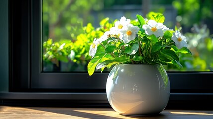 White flowers in pot on windowsill, sunny day view