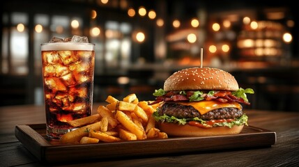 Delicious burger, fries, and soda on a wooden tray in a restaurant