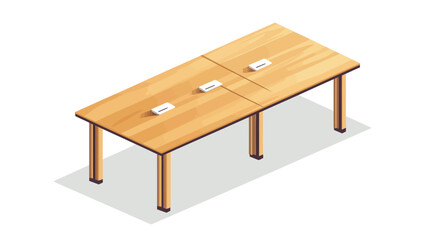 The image is a digital illustration depicting an isometric view of a long, rectangular wooden table. The table appears to be made of light-colored wood with a simple, clean design. It is divided