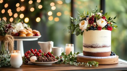 Elegant wedding cake display with pastries and decorations on a wooden table