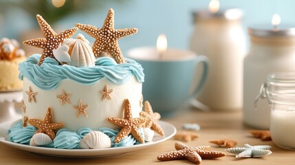 Ocean-themed cake decorated with starfish and seashells on a wooden table with teacups and candles in the background