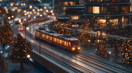 Obraz premium A Vibrant Display of Urban Lights and Transportation in Night Cityscape Miniature Model