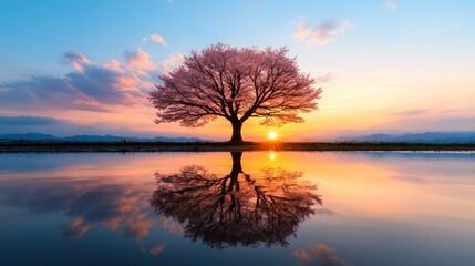 Peaceful cherry blossom tree at sunset, reflected in calm water
