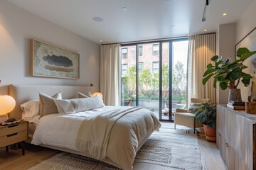 Bedroom with biophilic accents, including natural textiles, potted plants, and soft, earthy tones