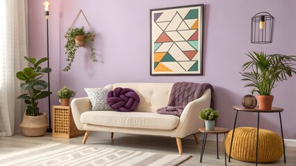 Naklejka premium Cozy Modern Living Room with Pastel Purple Accents & Warm Decor V5