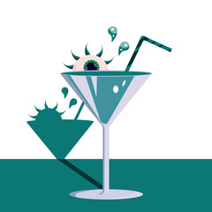 Vector poisoned cocktail Illustration. Vector green cokctail illustration with poisoned liquid and green eyeball. Halloween poisoned cocktail. Halloween drink