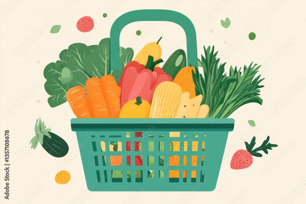 Poster Green shopping basket filled with fresh vegetables and fruits in a soft pastel setting Generative AI