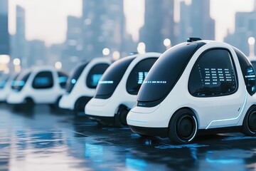 Obraz premium Futuristic Autonomous Vehicles in Modern Urban Landscape at Dusk