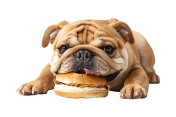 Adorable dog with burger for hungry of the dog and junk food concept.