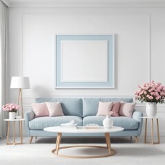 Modern Light Blue Living Room Interior with Blank Frame Mockup