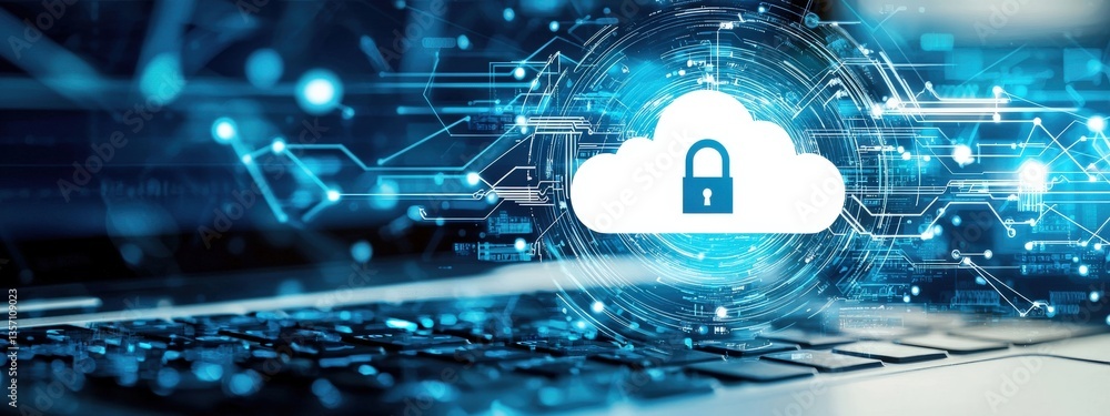 Poster digital cloud security concept with lock symbol on laptop keyboard