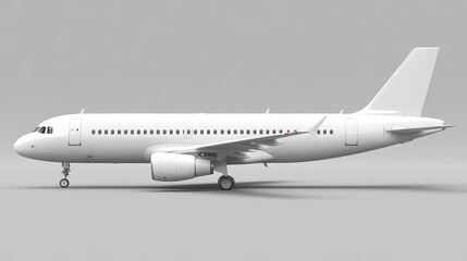 White passenger airplane model, three quarter view, isolated on light gray background. Clean design, no markings.