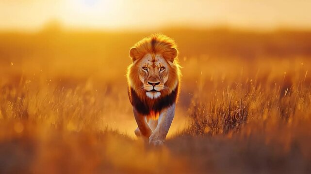 A majestic lion walking through the African savanna at sunset, golden light highlighting its mane