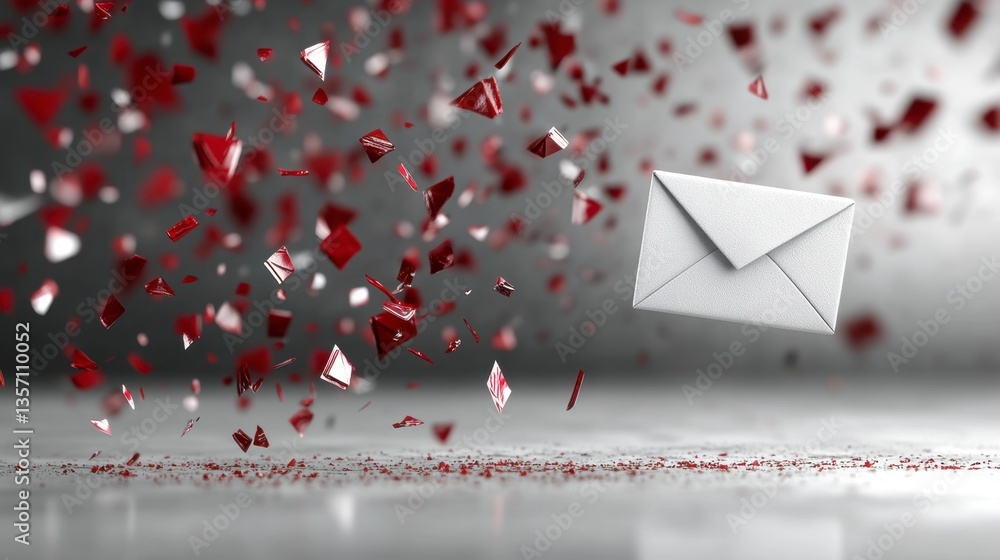 Poster white envelope floats amidst falling red geometric fragments on a gray background. the image evokes 