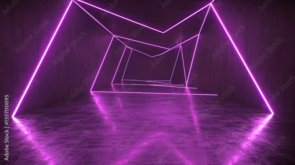 Poster luminous triangular metal structures line a futuristic cyber tunnel with a dark and ominous corridor
