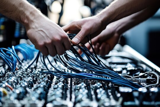 Hands Connecting Wires on a Mixing Console in a Studio Environment