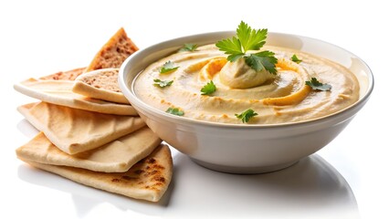 Hummus and Pita Delight: A visually enticing composition of creamy hummus artfully presented in a bowl, complemented by fluffy pita bread, garnished for an appetite appeal