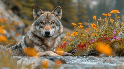 Majestic wolf resting by a mountain stream amidst wildflowers