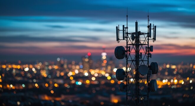 Telecommunication Mast at Dusk: A towering telecommunication mast, silhouetted against a vibrant twilight sky, dominates the skyline.
